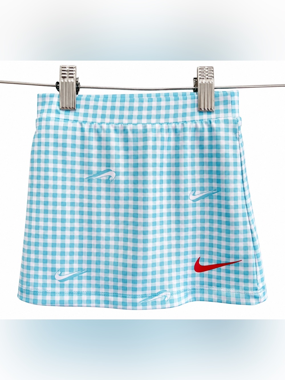 Nike Girls' Light Blue and White Gingham Skort with Red Swoosh